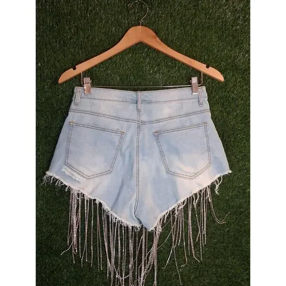 Hot & Delicious Rhinestone Fringe Denim Shorts Icy GRL Light Wash Medium... - Picture 4 of 7